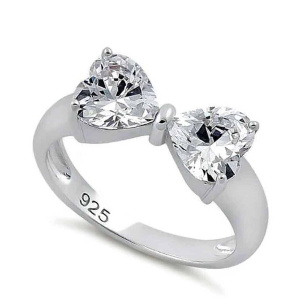 Sterling Silver Bow Heart Ring Clear CZ Stones Sparkling Double Heart Design